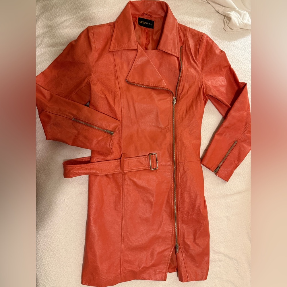 Metrostyle 100% Genuine Leather Drop Waist Trench Coat in Salmon Vintage